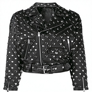 Chaqueta de Motociclista de Cuero Vacuno para Hombre, Talla Grande, con Remaches en Forma de Corazón, Cuello Camisero, Cierre de Cremallera, Estilo Otoñal, Corta - Product Image 1