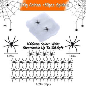 Ragnatele di Halloween decorazioni di 300 piedi quadrati ragnatele con 30 ragni finti ragnatele fai da te estensibili per interni/esterni atmosfera spaventosa - Product Image 2