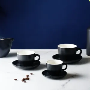 50/110/200/300ml siyah renk kalın Espresso fincanı ve altlık seti porselen ticari Cappuccino fincanı Cafe için