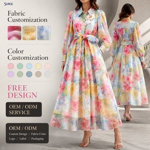 Robe longue trapèze personnalisée pour <span class=keywords><strong>femme</strong></span>, en organza transparent, imprimé floral <span class=keywords><strong>aquarelle</strong></span>, col chemise, boutonnée sur le devant, manches bouffantes, taille à nouer, idéale pour les vacances - Product Image 1