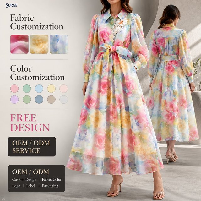Custom Women Vacation Watercolor Floral Printed Sheer Organza Shirt Collar Button Front Puff Sleeve Tie Waist A Line Maxi Dress
