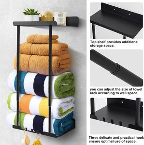 Adjustable Wall Mounted Towel Rack Retractable Bathroom Towel Holder Multi Layer Black Metal <b>Bath</b> Towel Storage <b>Shelf</b> with Hook - Product Image 4