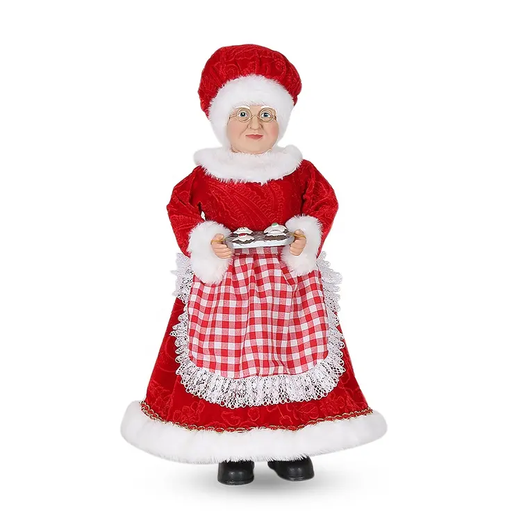 Memasak Mrs Santa Claus Boneka Natal Figurines Mainan Kotak-kotak Apron 45CM Nenek Berdiri Merah Chef Mrs Claus untuk Dekorasi Dapur