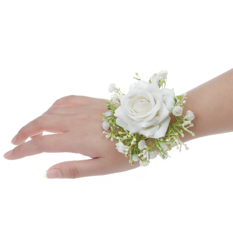 Wedding Bride Bridesmaid Floral Hand Wrist White Rose Bracelets Ceremony Party Corsage Flower Wrist Corsage Wedding Boutonniere