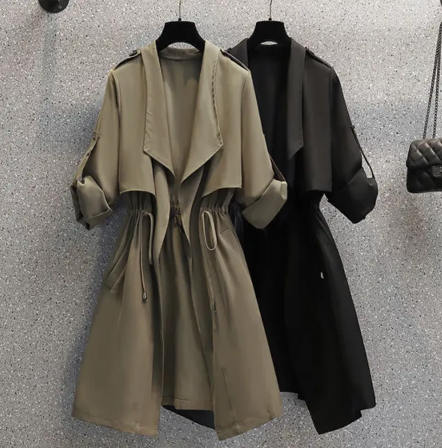 Spring New Women's Clothing Loose mid length draped style trench coat with a slimming drawstring jacket