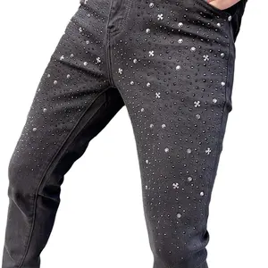 Pantalones vaqueros ajustados rectos negros para hombre, ropa de calle personalizable con diamantes de imitación