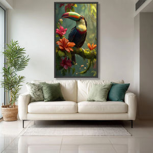 Toile murale d'art avec oiseau toucan coloré, <span class=keywords><strong>fleurs</strong></span> d'hibiscus <span class=keywords><strong>tropicales</strong></span>, décoration de la jungle exotique, nature, imprimé sur toile de faune vibrante - Product Image 3
