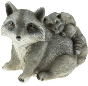Resin garden statue of a mother raccoon with baby raccoon on her back