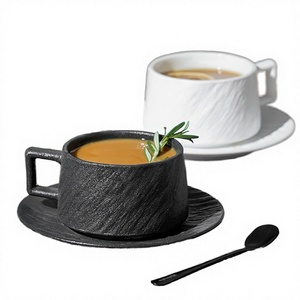 HY7 Cheap Price Wholesale Classic Black &amp; White <strong>Frosted</strong> Rock-textured Bone China Cappuccino <strong>Cup</strong> &amp; Saucer Set for Home 250ML - Product Image 4