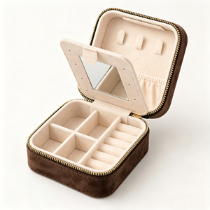 Hotsale Vintage Eco-friendly Square Velvet Zipper Jewelry <b>Box</b> Built-in Mirror Multi Compartment Portable Travel Carton Packaging - Product Image 2