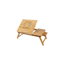 Support pour ordinateur portable multifonctionnel en bambou, réglable et pliable, avec trous de refroidissement, porte-gobelet et petit tiroir