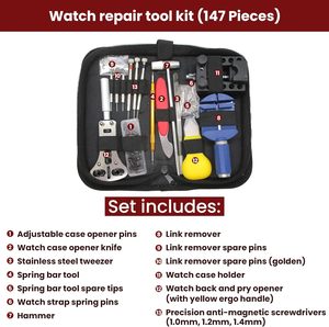 Kit de réparation de montres professionnel 147 pièces en acier inoxydable, comprenant un tournevis, un outil à barrettes de ressort et un outil à goupilles de bracelet, avec étui rigide à commande manuelle - Product Image 3