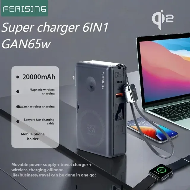65W 6 In1 Laptop Worldwide AC Plug Power BankQ-i2 15W Magnetic Wireless External Battery Charger Laptop Power Bank