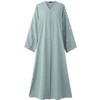 Robe ouverte musulmane élégante à manches longues brodée, motif floral ethnique, couleur unie, design transfrontalier, ensemble deux pièces