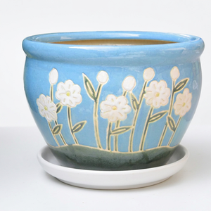 Maceta de Cerámica con Plato, Azul Glaseado, Diseño Floral Blanco, Estilo Rústico, Maceta para Plantas de Interior con Orificio de Drenaje - Product Image 1