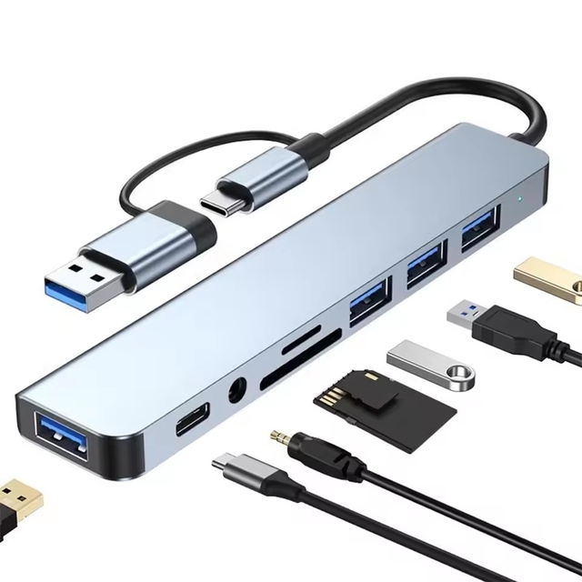 OEM ODM 8 in 1 USB C Hub USB 3.0 Aluminium Docking Station Data Hub for Laptop Phone 8-Port Type-C Hub Multiport Dock Station
