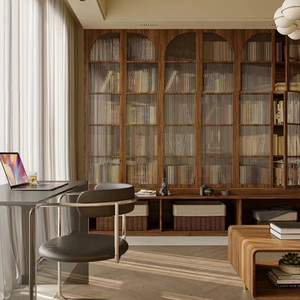 Librería de Madera de Nogal Negro para Sala de Estar, Integrada en Toda la Pared, con Asiento de Cartón, Sofá Detrás de la Librería con Puerta - Product Image 6