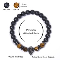 Bracelet extensible pour homme avec tête de loup perlée, breloque en cuivre, œil de tigre naturel et pierre onyx mate – Bijou masculin tendance, cadeau idéal