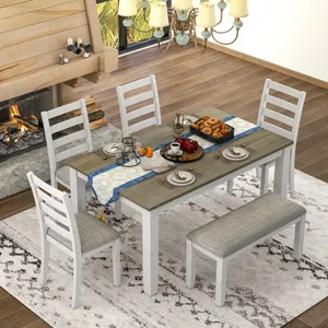 Diskon besar desain mewah Modern furnitur ruang makan kayu Solid Set meja makan dengan 4 kursi berlapis kain dan bangku