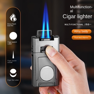 Briquet à double flamme pour cigares, coupe-vent, au butane, avec aiguille et coupe-cigare, outil multifonctionnel pour fumeurs, portable - Product Image 4