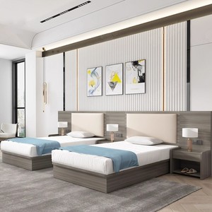 Ensemble complet de lits d'hôtel en bois massif au design moderne, lits simples et doubles pour gîtes, appartements locatifs, logements et dortoirs du personnel - Product Image 1