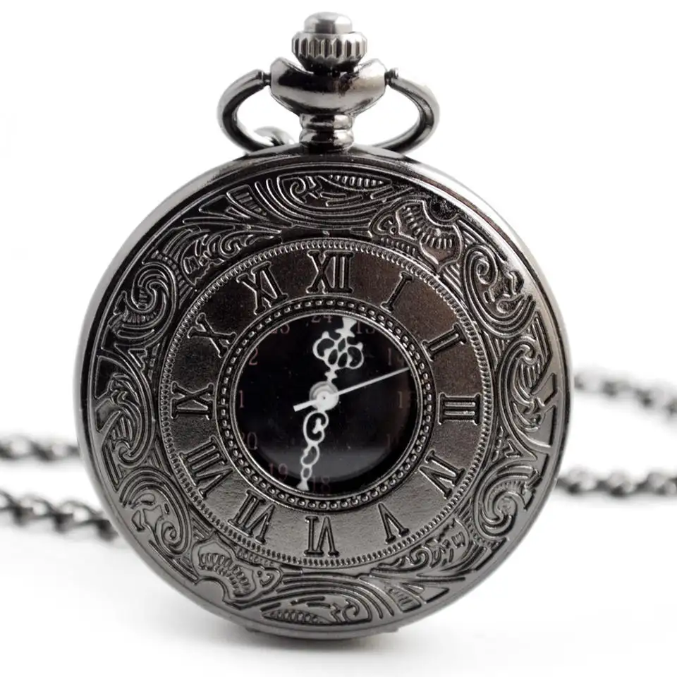 Black Roman Numerals Quartz Pocket Watch Men Black Hollow Case Steampunk Vintage Pendant Necklace Best Gifts for Men
