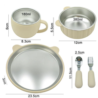 En gros, Ensemble de vaisselle pour bébé en silicone et acier inoxydable 304, comprenant bol à ventouse, assiette, tasse à bec, cuillère et fourchette, motif animaux