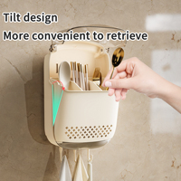 Boîte de rangement murale pour couverts avec couvercle, organisateur de cuillères, fourchettes et baguettes de cuisine, support à ustensiles drainable avec crochets pour serviettes