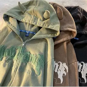 Y2k Clothing Angel Ears Zip Up Unisex Horns Hoodies Fashion Aesthetic Hoody Retro Harajuku Chenille Embroidery Hoodies