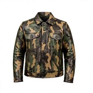 Veste en cuir camouflage pour homme, imprimé camouflage, en peau d'agneau, style trucker, poches à rabat sur la poitrine, fermeture boutonnée - Product Image 1