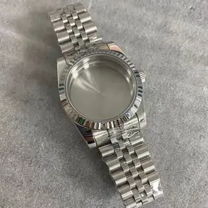 36mm Silver Stainless Steel Watch Case Fluted Bezel Fit NH35 NH36 Cyclops Lens Jubilee Bracelet Sapphire Magnifier