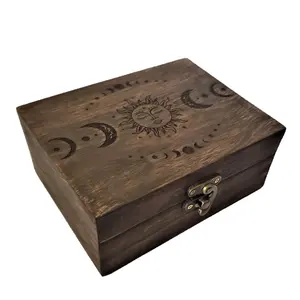 Engraved Wooden Tarot Box Sun and Moon Fortune Telling Astrology Trinket Keepsake Box for witchcraft supplies