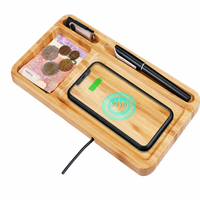 Plateau en bambou laqué avec zone de charge sans fil, organiseur de bureau pour smartphone et montre, rangement quotidien