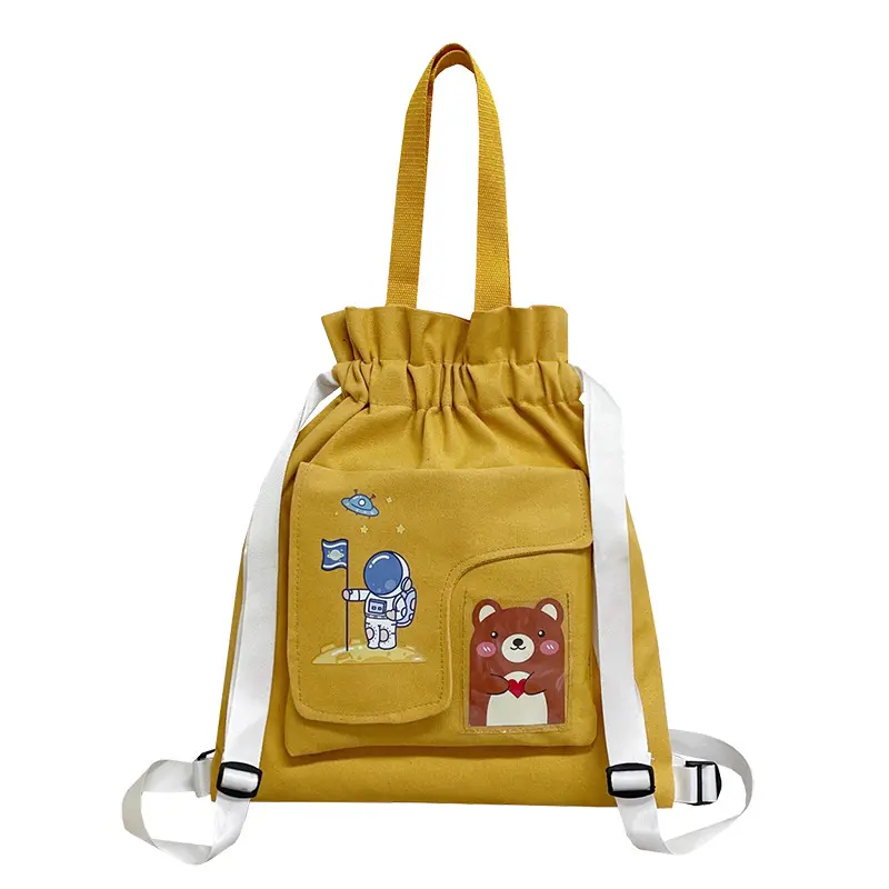 Venta al por mayor de algodón orgánico bolsa de lona lindo Paquete de dibujos animados mochila portátil estudiante bolsa de compras