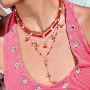 Fashion Layered Necklace Gold <b>Chain</b> Red Beads Pearl <b>Cross</b> Pendant Geometric Design Zinc Alloy Jewelry - Product Image 2