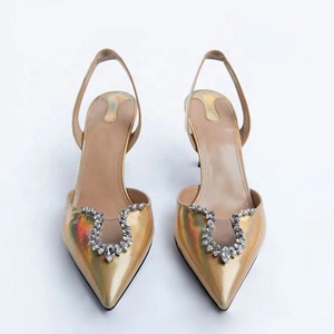 Women Back Strap Diamonds Decor Shoes Metallic Upper High Heels on Pumps Silk Dress Slingback <b>Sandals</b> - Product Image 1