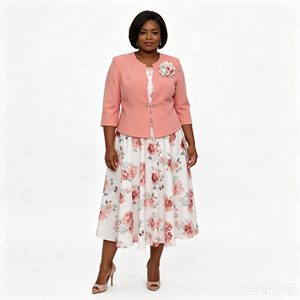 Ensemble deux pièces élégant pour femmes grandes tailles, robe à imprimé floral longueur genou avec veste jaune et détails boutonnés, tenue de printemps - Product Image 4