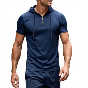 Men's Hooded Short Sleeve T-Shirt Solid Color Quick Dry Regular Fit Casual Knitted Polyester Jersey 200g Blue - Product Image 1
