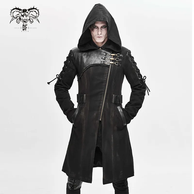 Manteau long noir avec manches à lacets pour homme, CT149, mode steampunk, fermeture éclair