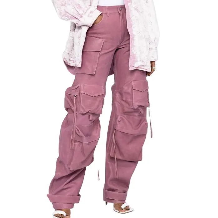 Hip Hop Women High Waist Multi Utility Pockets Straight Leg Cargo Pants Punk Style Pink Faux Leather Baggy Stacked Trousers