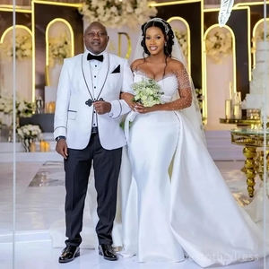 فستان زفاف مخصص بخرز أفريقي للعروس، فساتين زفاف بأكمام طويلة وذيل قابل للفصل، فساتين زفاف ريفية - Product Image 1