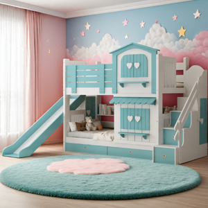 Lit d'enfant JINS en bois massif, moderne, confortable, durable, écologique, design château de princesse <span class=keywords><strong>bleu</strong></span>, chambre de filles, école - Product Image 1