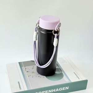 Bouteille d'eau isotherme en acier inoxydable 650 ml 1000 ml, gourde de sport à large ouverture avec paille rabattable, couvercle recouvert de caoutchouc et poignée, gobelets premium - Product Image 4