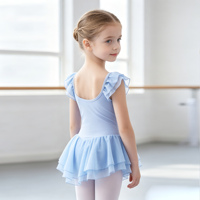 Justaucorps de danse pour filles avec manches à volants et jupe en mousseline double couche, robe en coton respirant pour l'entraînement des enfants