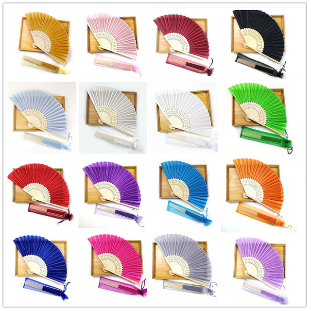 Personalized Engraved White Silk Hand Fan with Organza Bag Custom logo Bamboo Wedding Gift Folding Hand Fan Silk Fan