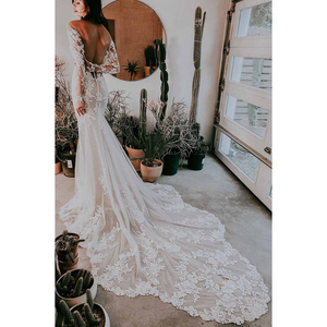 Modest Tulle Perspective Flower Lace up White Long Trail Backless Mermaid Designer Vestido <span class=keywords><strong>de</strong></span> <span class=keywords><strong>madrina</strong></span> <span class=keywords><strong>Vestidos</strong></span> <span class=keywords><strong>de</strong></span> novia Manga larga - Product Image 4