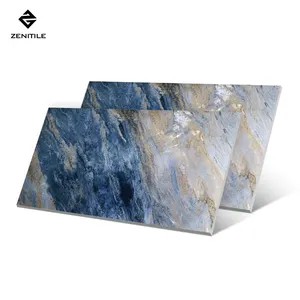 600X1200Mm ขัดกระเบื้องพอร์ซเลนสำหรับล็อบบี้วิลล่าขัดทองคุณภาพสูงปานกลางสีฟ้าพื้นหินอ่อนธรรมชาติ