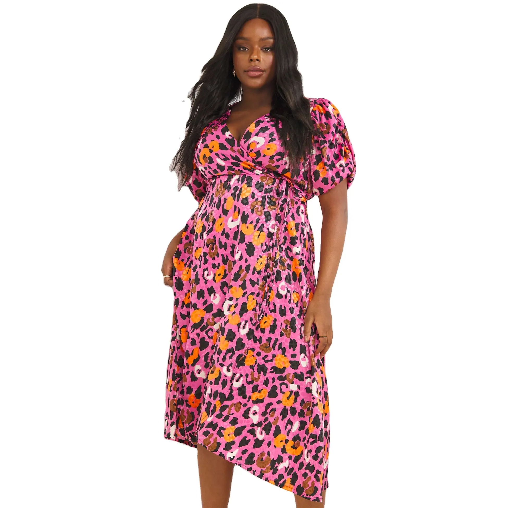 OEM ODM Pink Leopard Jacquard Wrap Vestidos Maxi Dinner Women Cocktail African Designs Fat Ladies Plus Size Dresses