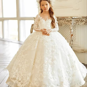 Abiti di Lusso per Damigelle con Maniche Lunghe per Matrimoni, Feste, Cerimonie, Vestiti da Pageant per Ragazze con Applicazioni Floreali in Pizzo, Abito per Compleanno Bambina - Product Image 3