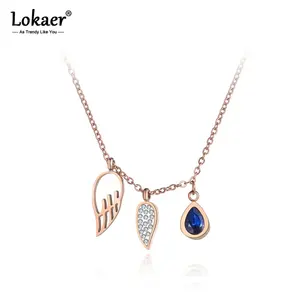 Lokaer Titan Thép Không Gỉ Đôi Cánh Thiên Thần & Nước Drop CZ Pha Lê Quyến Rũ Mặt Dây Chuyền Đồ Trang Sức Chuỗi Choker Vòng Cổ Cho Phụ Nữ N19094